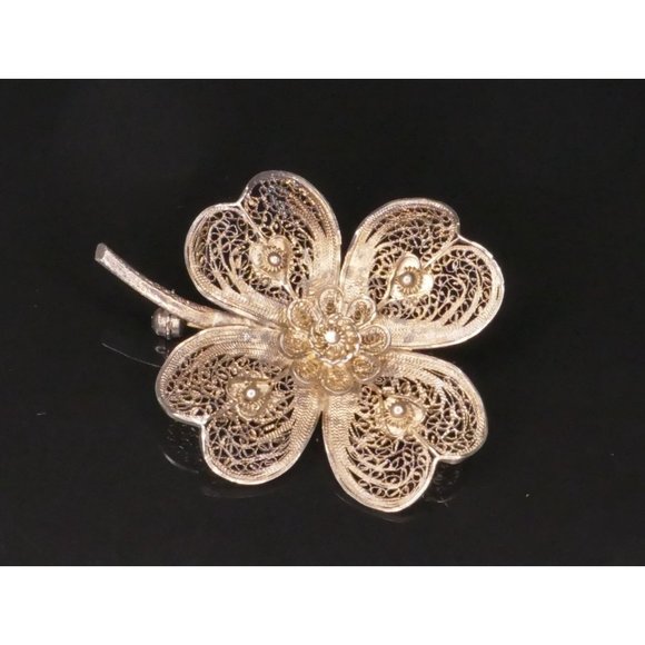 Signed Van Lou Spun Silver Cannetille Sterling Silver 4 Leaf Clover Brooch - Picture 1 of 7